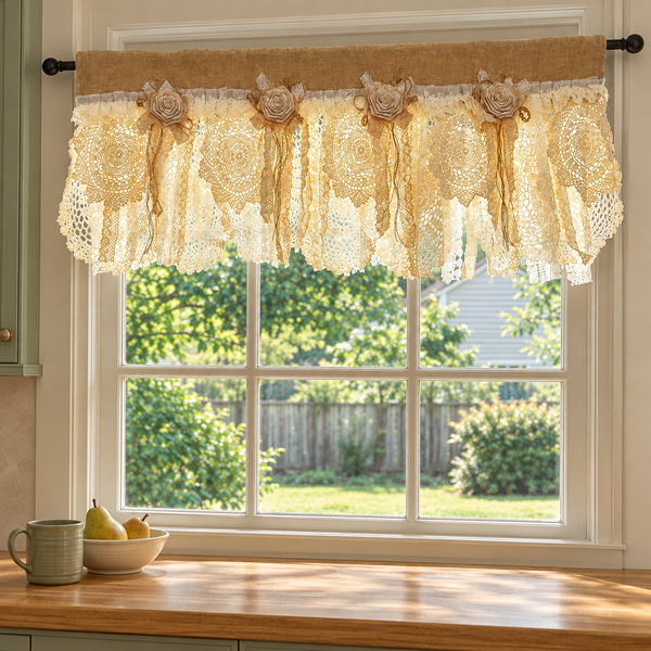 Rustic patchwork lace valance with flowers - scene-hero