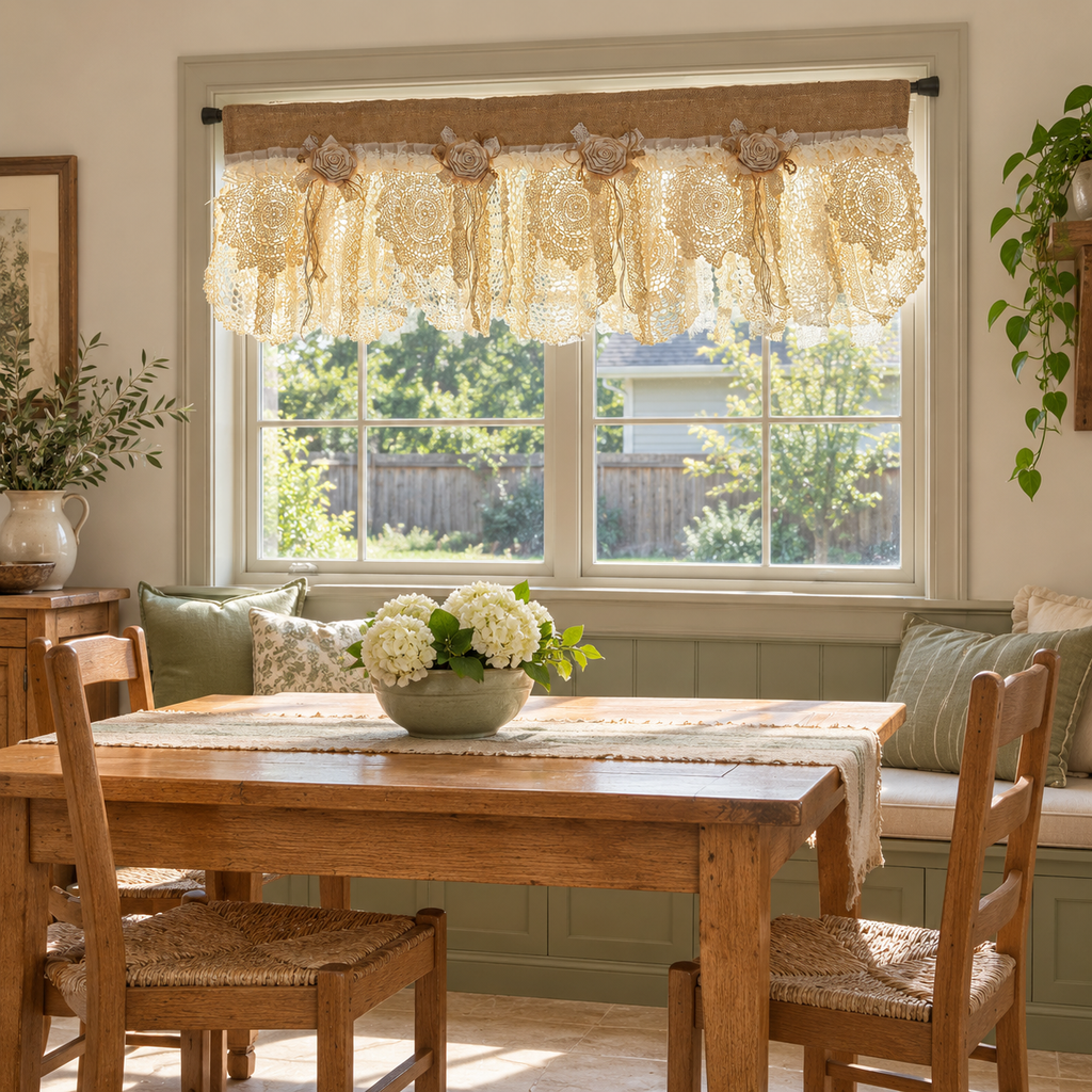 Rustic patchwork lace valance with flowers - full-breakfast-scene