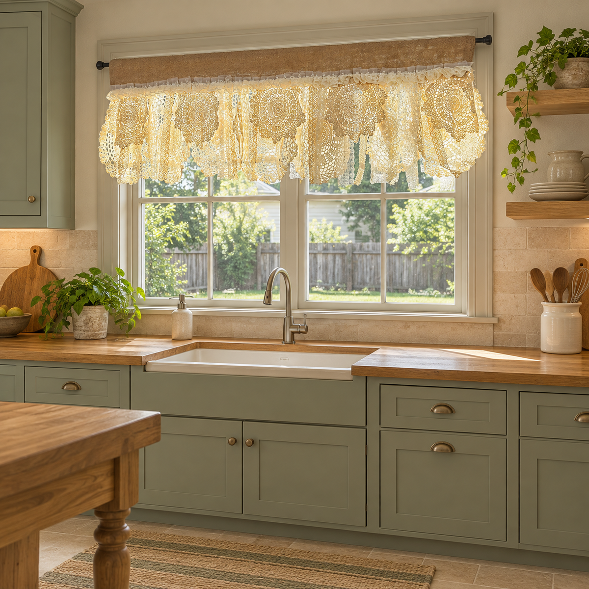 Rustic patchwork lace valance without flowers - full-kitchen-scene