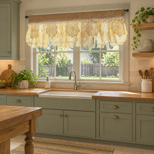 Rustic patchwork lace valance without flowers - full-kitchen-scene