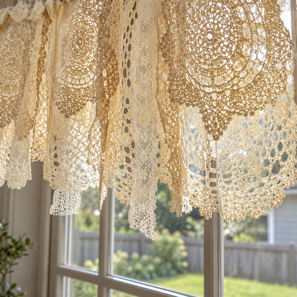Rustic patchwork lace valance with flowers - patchwork-hem-detail