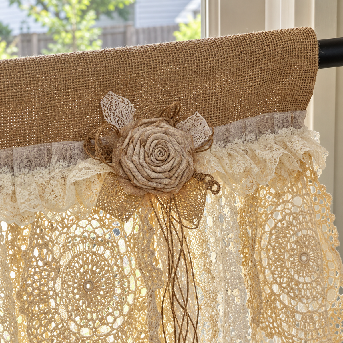 Rustic patchwork lace valance with flowers - rosette-header-detail