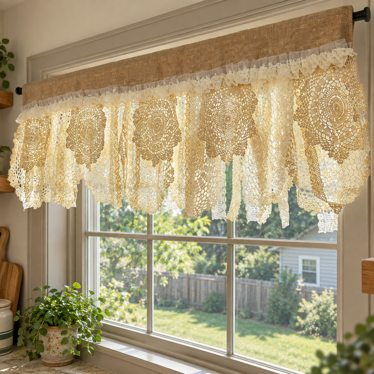 Rustic patchwork lace valance without flowers - side-without-flowers