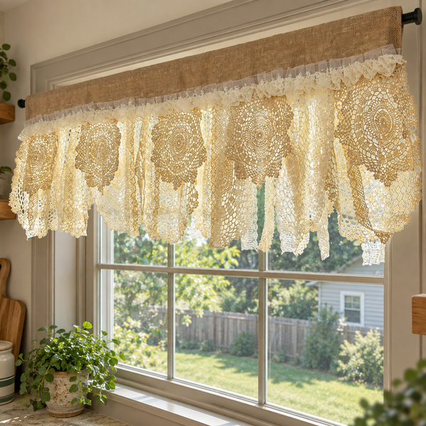 Rustic patchwork lace valance without flowers - side-without-flowers