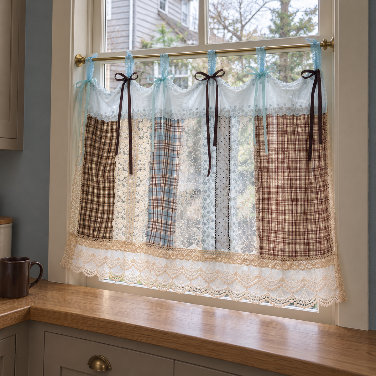 Blue and Brown Patchwork Lace Valance - product view 1