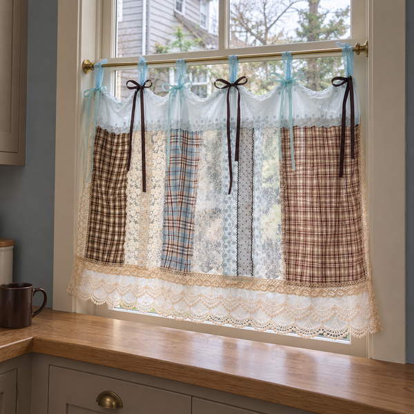 Blue and Brown Patchwork Lace Valance - product view 1