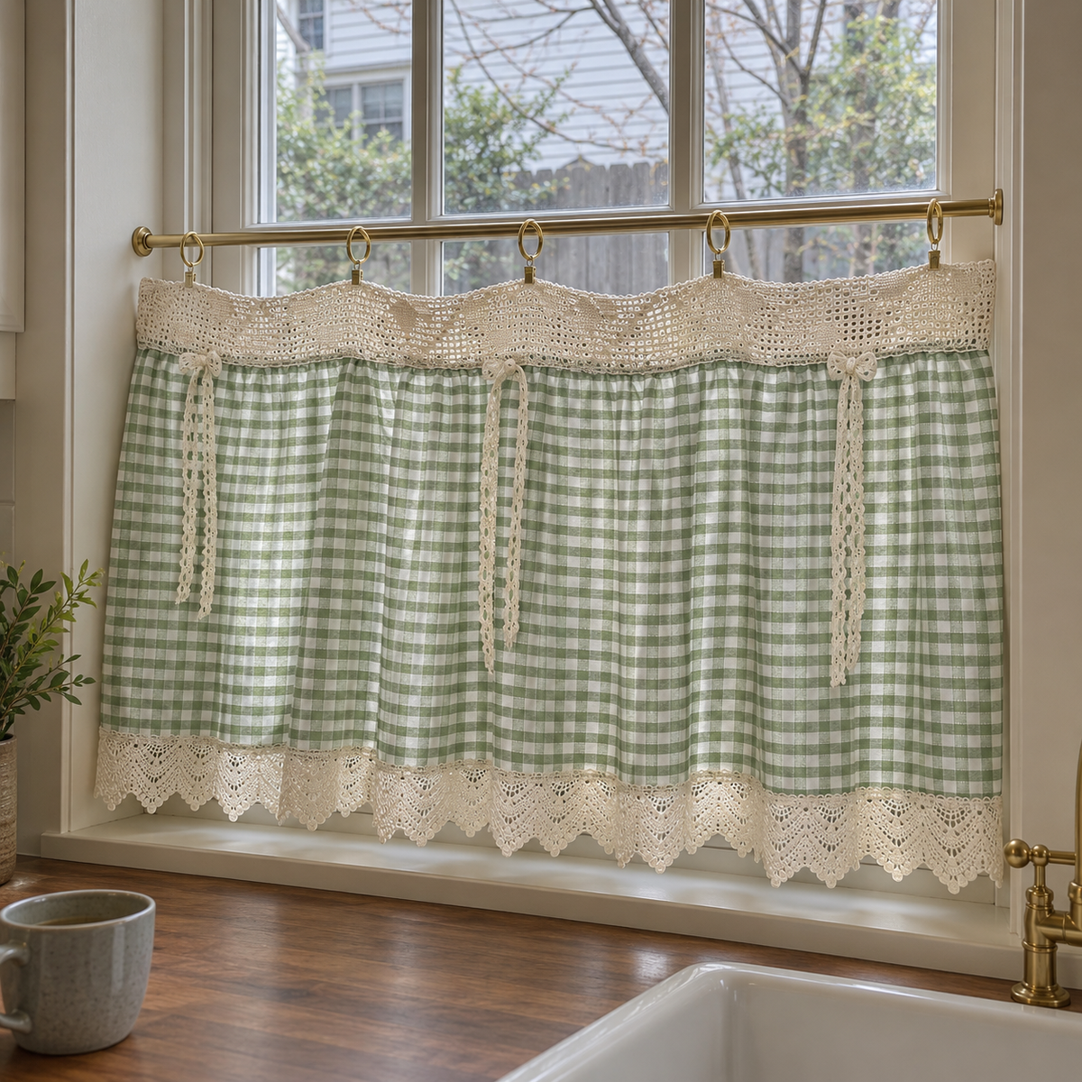 Green Gingham Crochet Lace Cafe Curtains - product view 1 Main image
