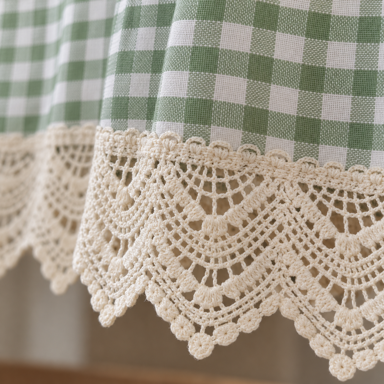 Green Gingham Crochet Lace Cafe Curtains Secondary image