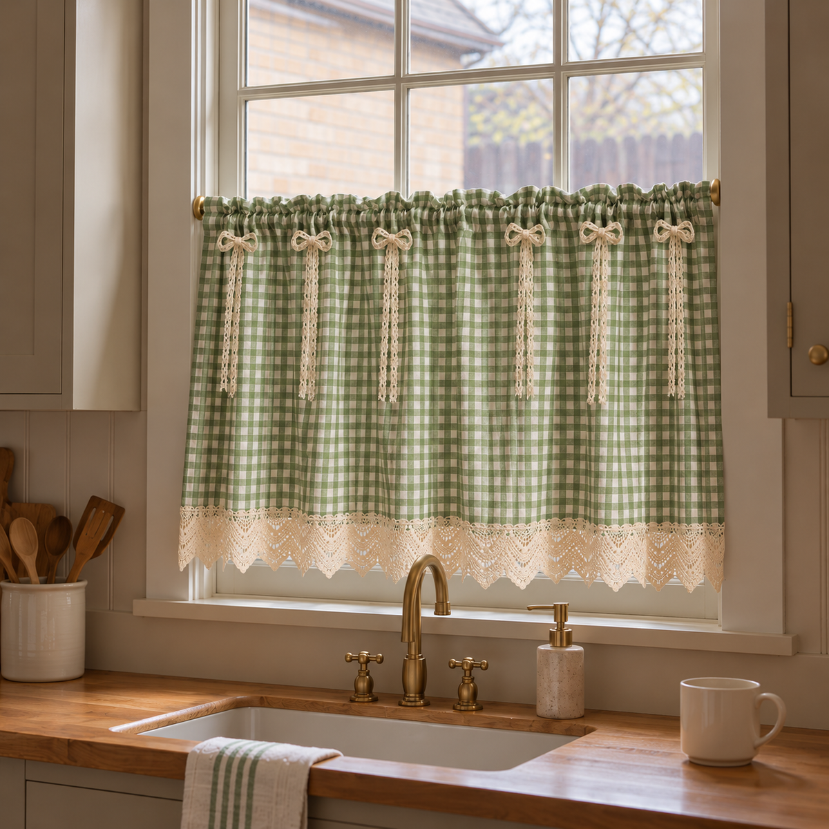 Green Gingham Lace Cafe Curtain Valance - product view 1 Main image
