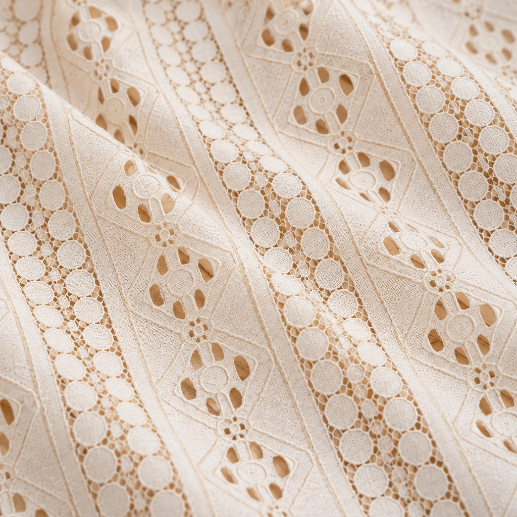 Beige Floral Crochet Lace Curtain Panel - fabric detail