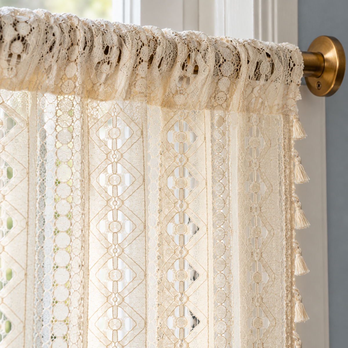 Beige Floral Crochet Lace Curtain Panel - header detail