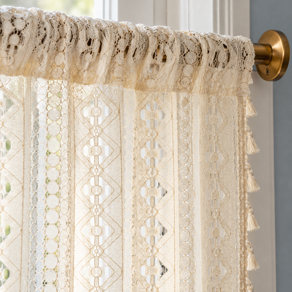 Beige Floral Crochet Lace Curtain Panel - header detail