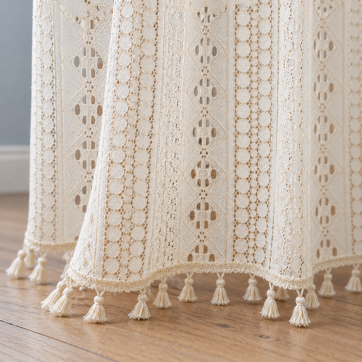 Beige Floral Crochet Lace Curtain Panel - hem detail