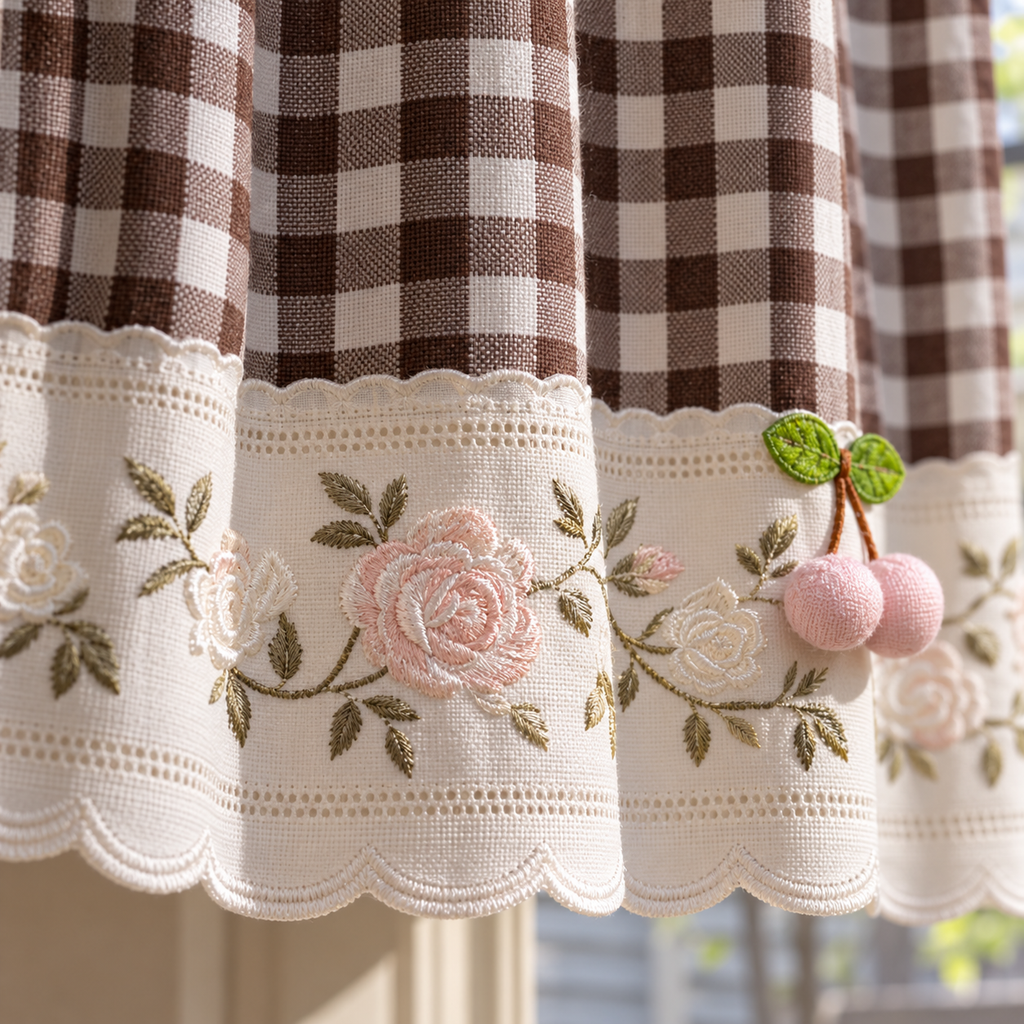 Embroidered Floral Check Cafe Curtain - product view 3