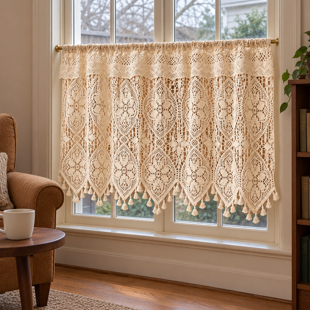 Beige Striped Crochet Lace Cafe Curtain - product view 1