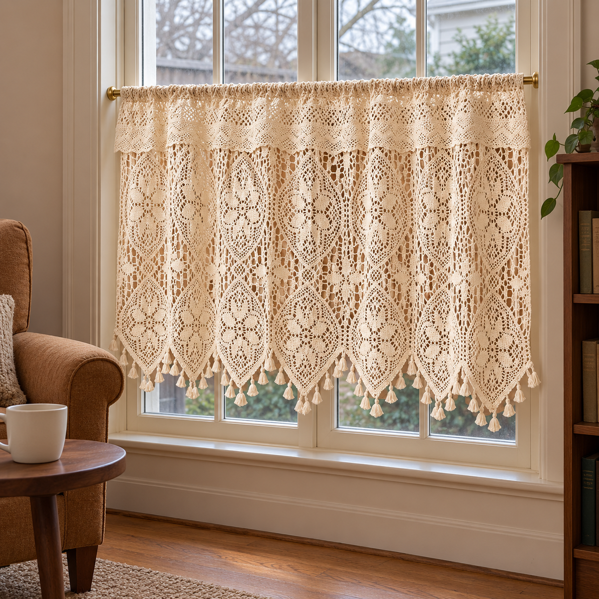 Beige Striped Crochet Lace Cafe Curtain - product view 1