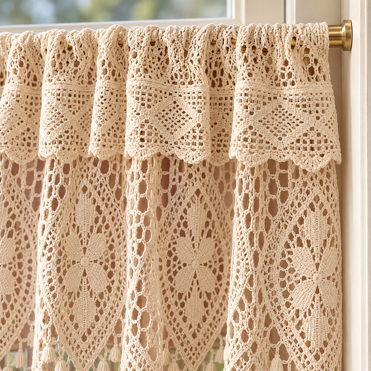 Beige Striped Crochet Lace Cafe Curtain - product view 4