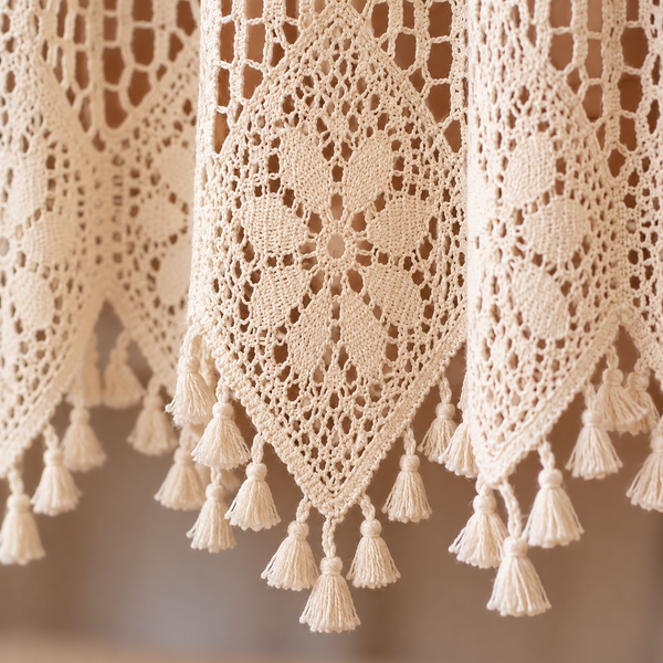 Beige Striped Crochet Lace Cafe Curtain - product view 5