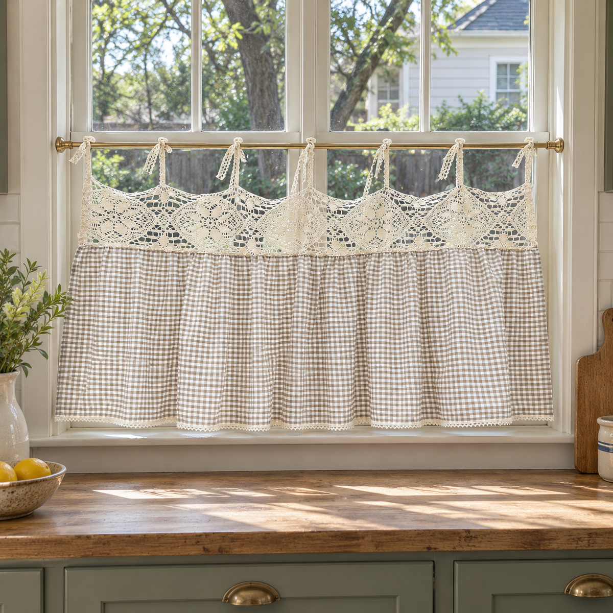 Brown gingham cafe curtain with lace header in a kitchen window Main image