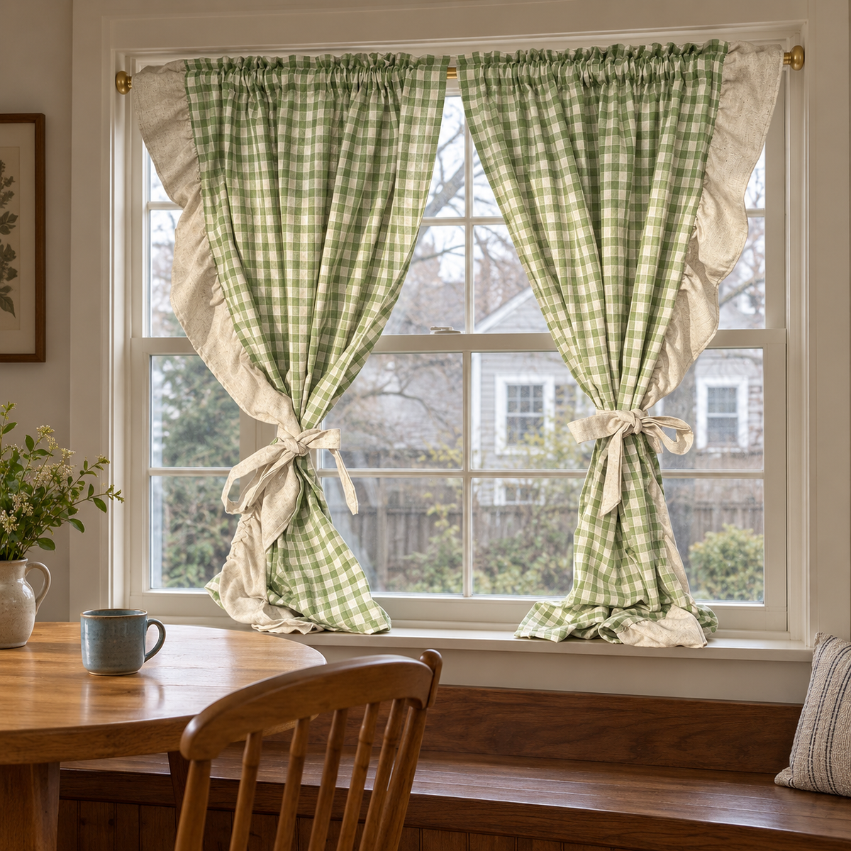 2-Panel Green Gingham Ruffled Cafe Curtains - product view 1 Main image