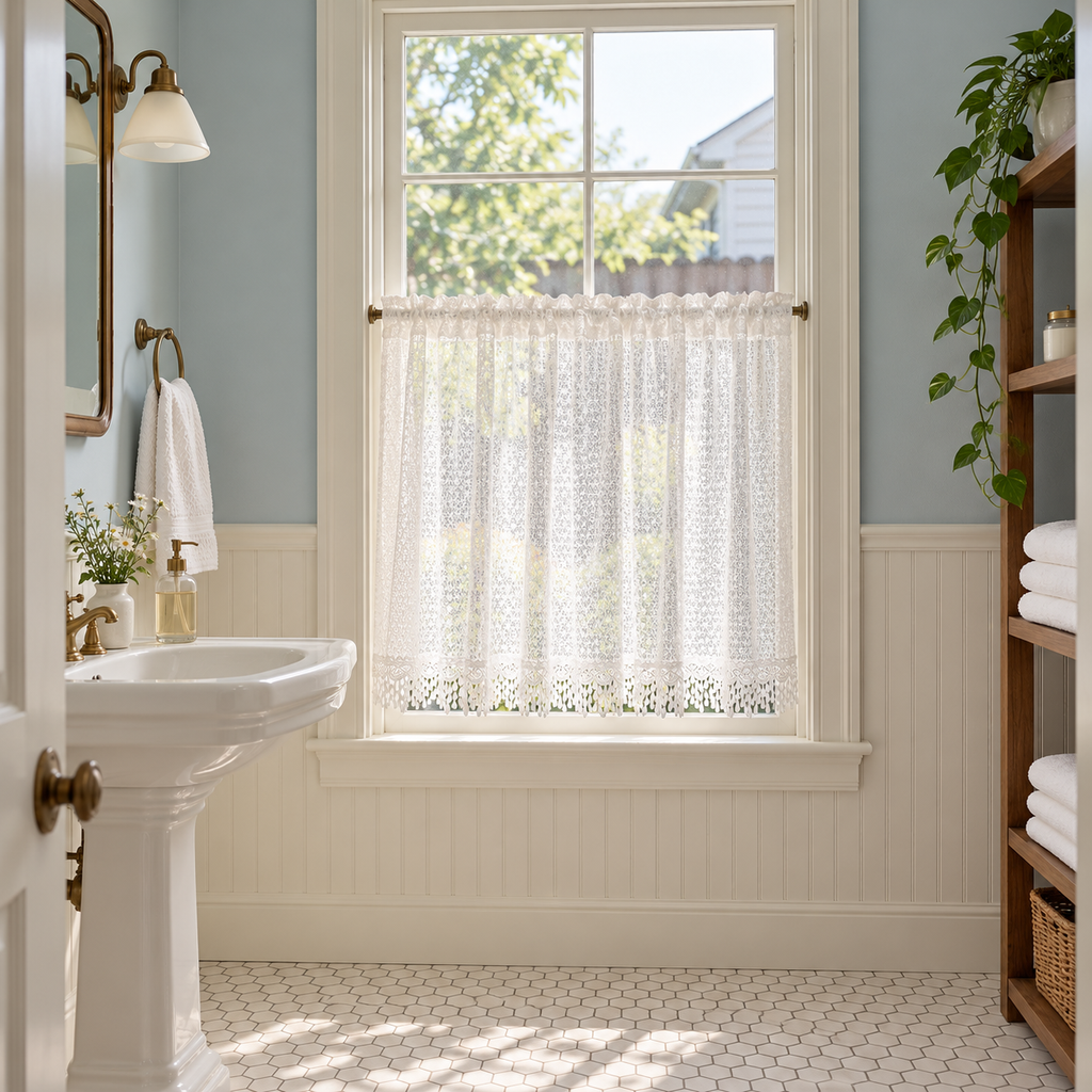 Snowflake Embroidered Lace Cafe Curtain - room setting