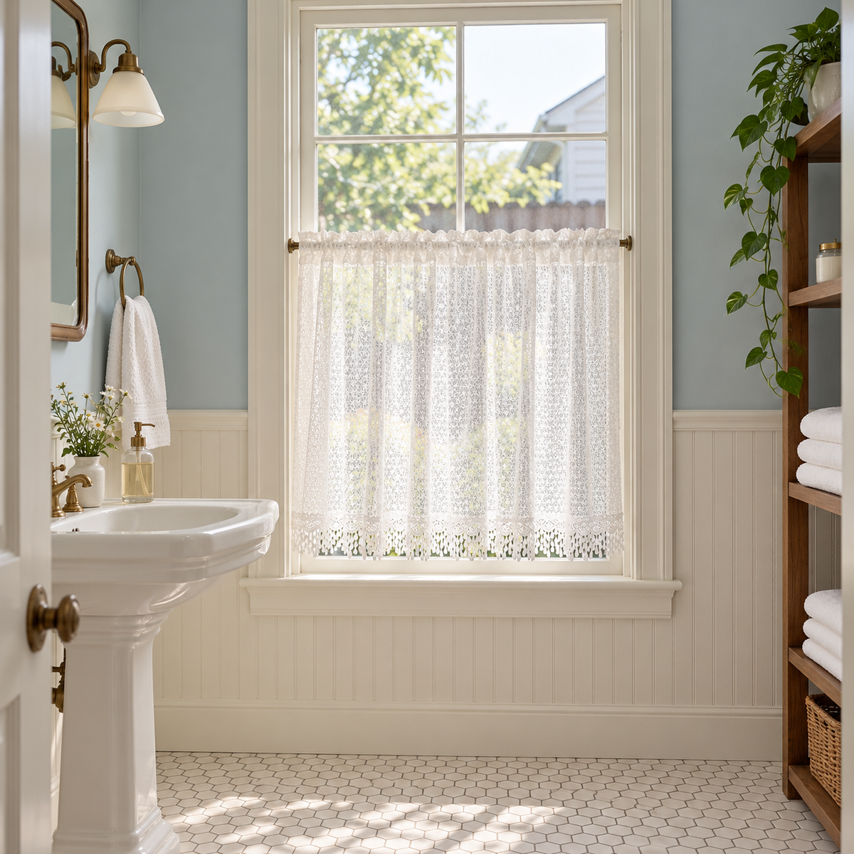 Snowflake Embroidered Lace Cafe Curtain - room setting