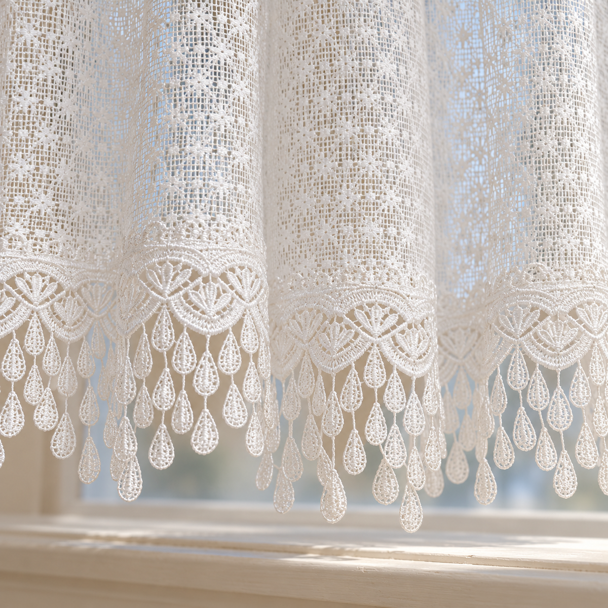 Snowflake Embroidered Lace Cafe Curtain - hem detail