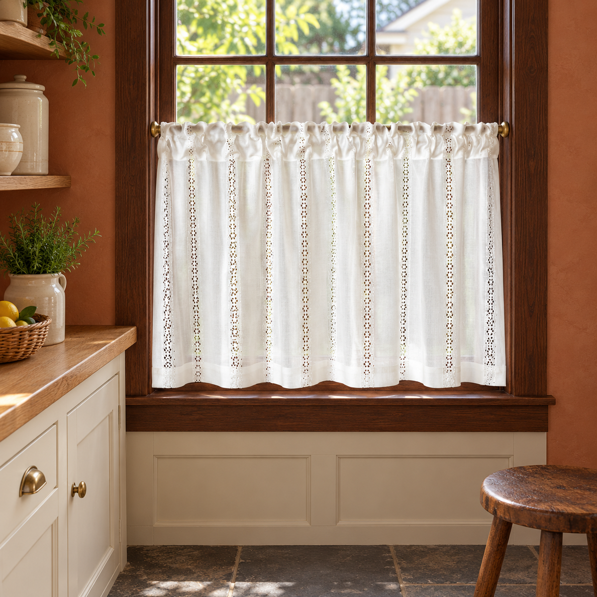 Woven Crochet Lace Cafe Curtain - styled product view