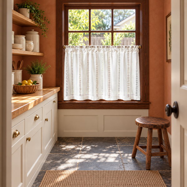 Woven Crochet Lace Cafe Curtain - room setting