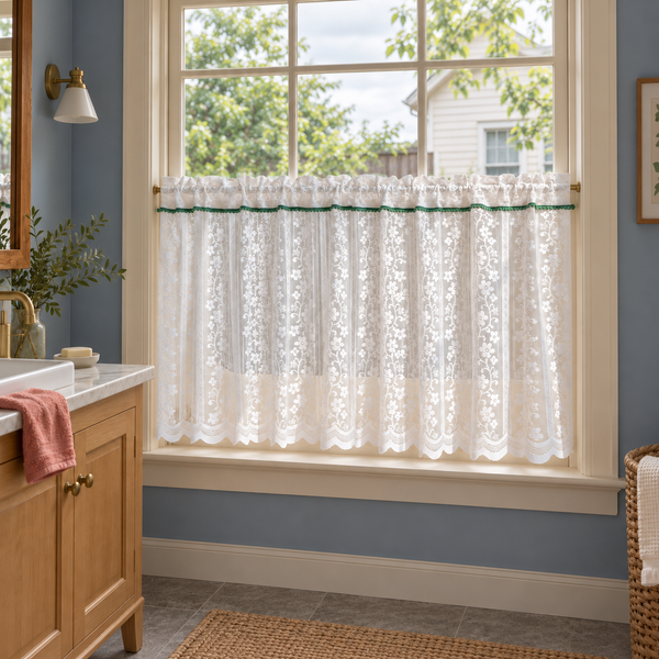 White Floral Embroidered Lace Cafe Curtain - product view 1