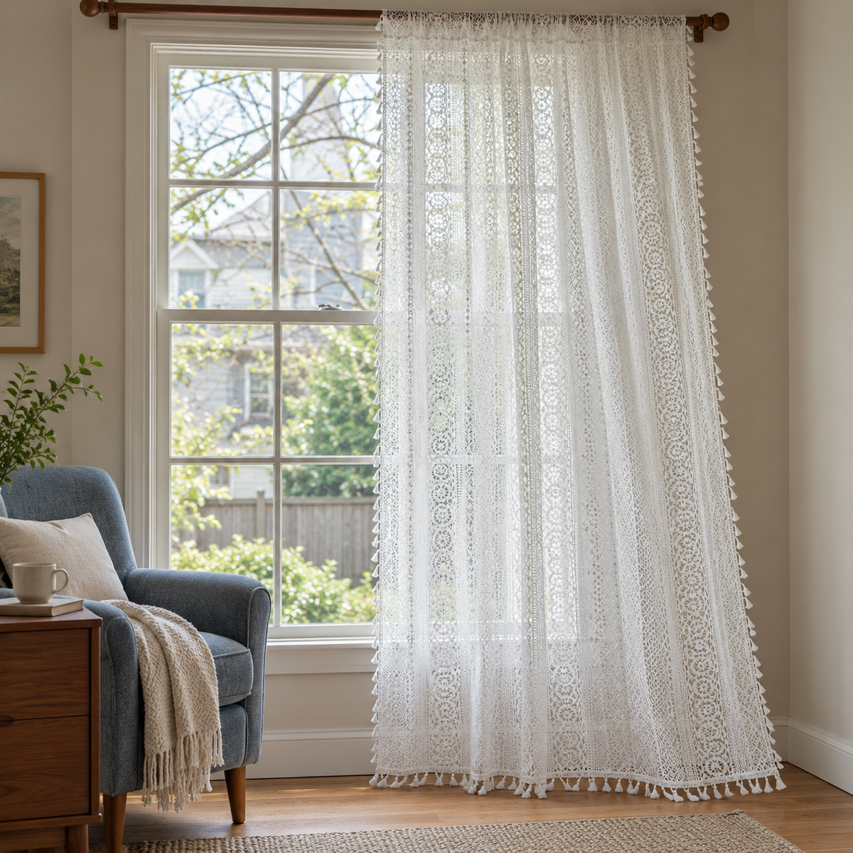 Boho White Crochet Tassel Curtains - product view 1 Main image