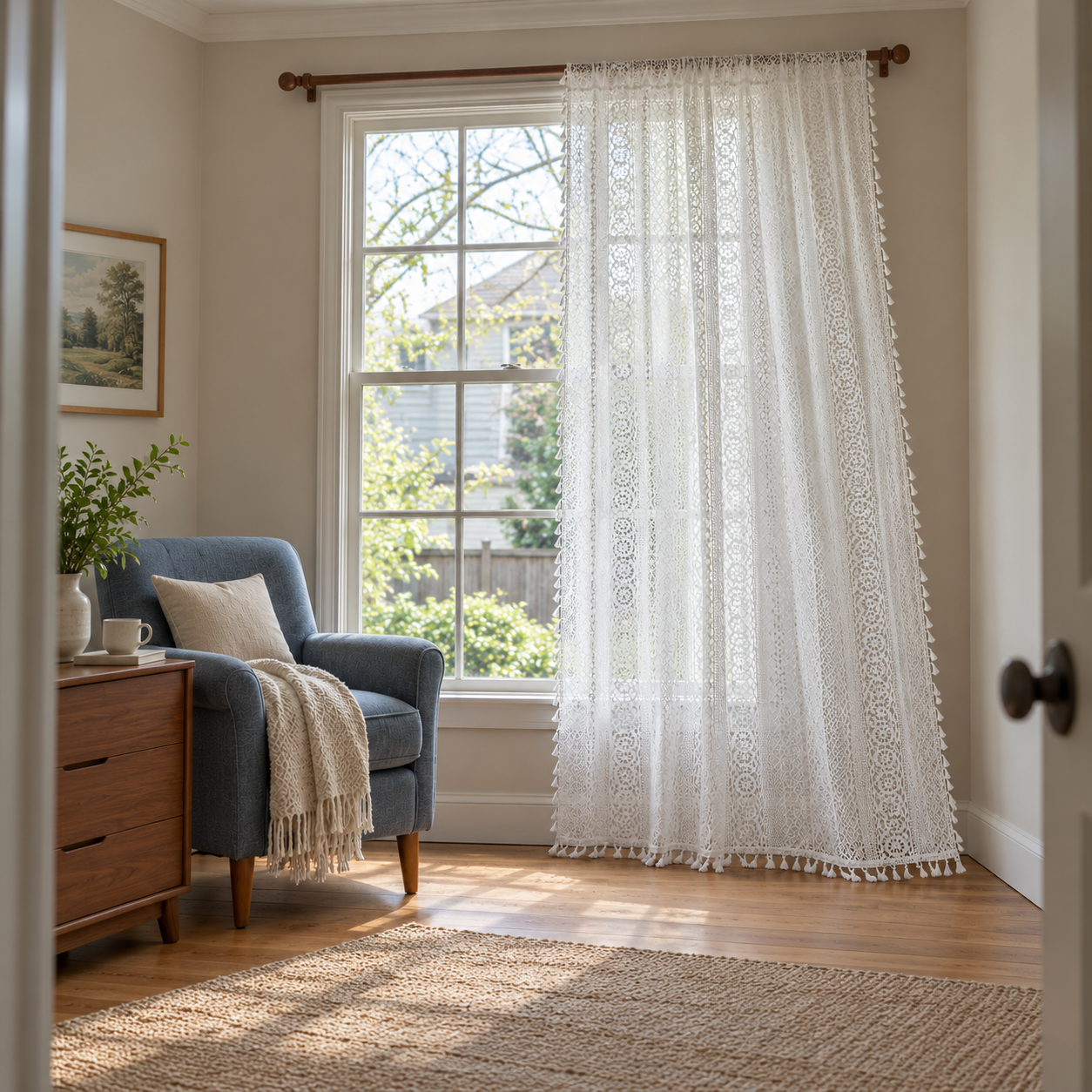 Boho White Crochet Tassel Curtains Secondary image