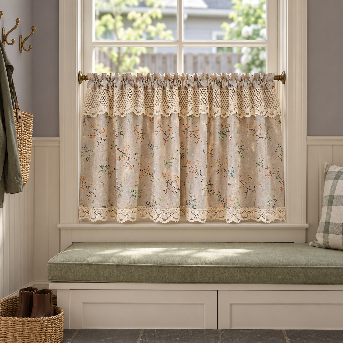 Green Floral Cafe Curtain - styled product view