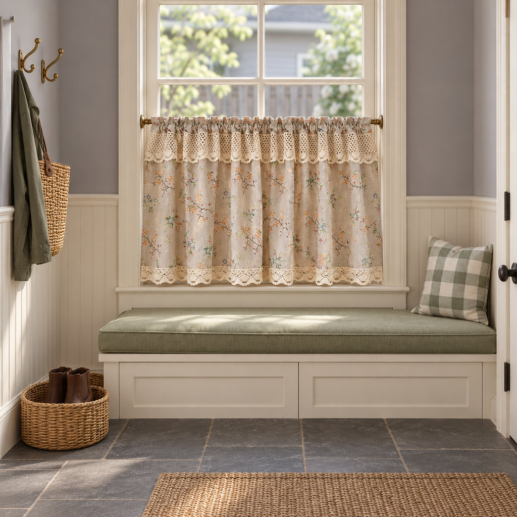 Green Floral Cafe Curtain - room setting