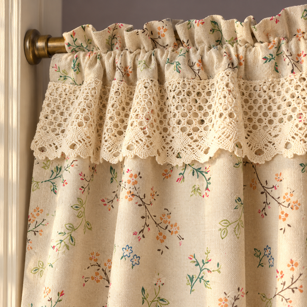 Green Floral Cafe Curtain - header detail