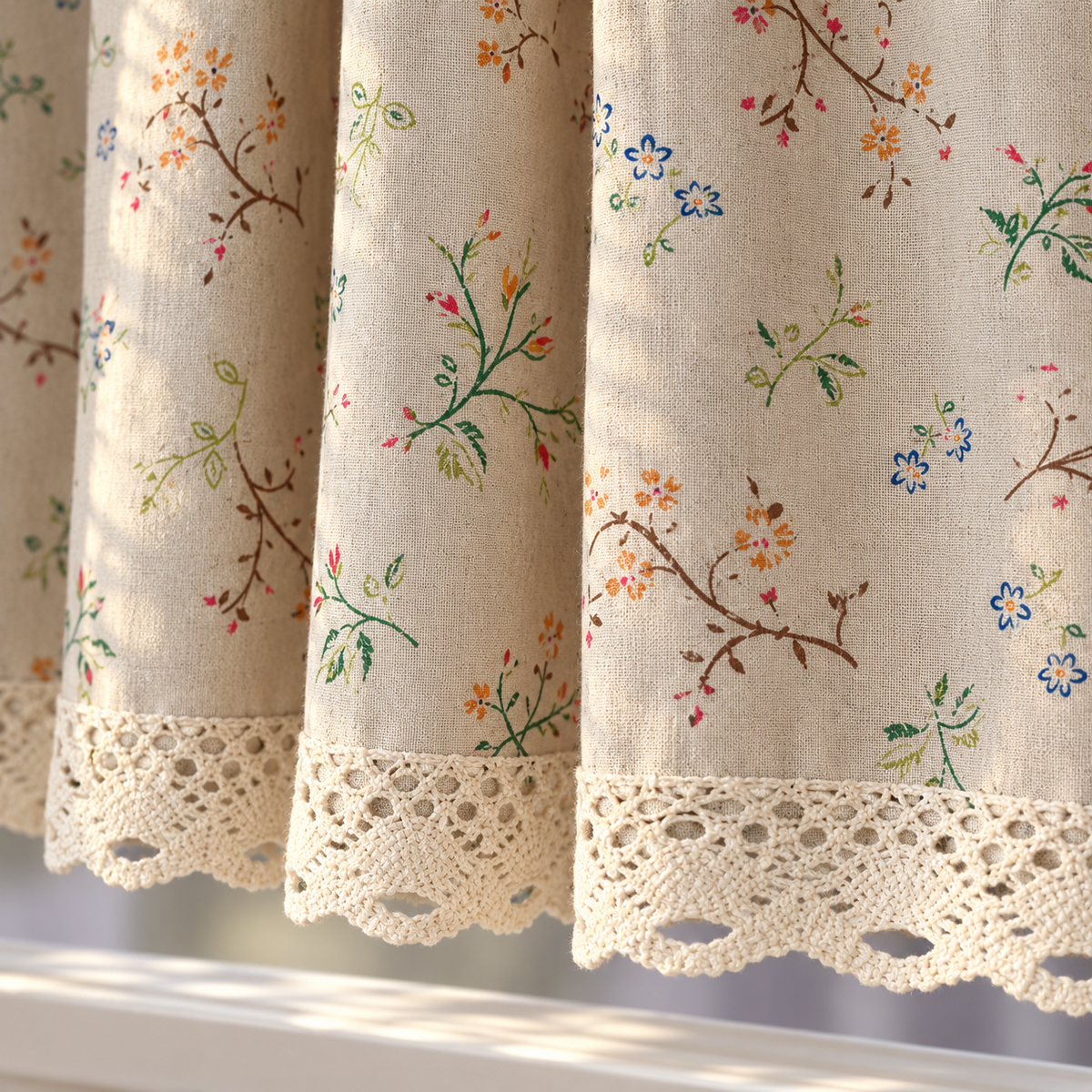 Green Floral Cafe Curtain - hem detail