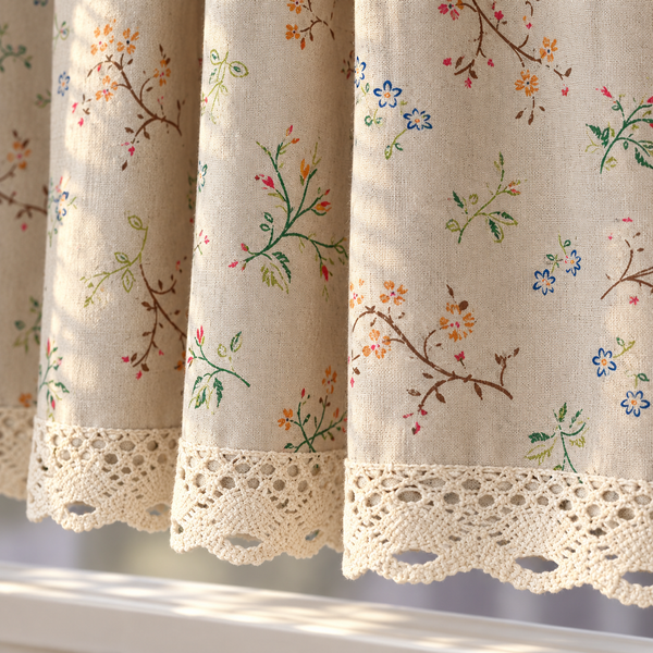 Green Floral Cafe Curtain - hem detail