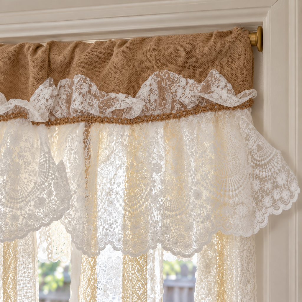 Burlap and Lace Window Valance - product view 4