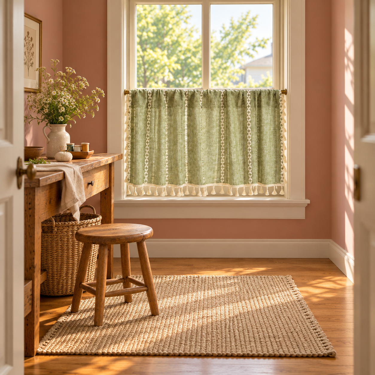 Green Boho Farmhouse Kitchen Cafe Curtains Secondary image