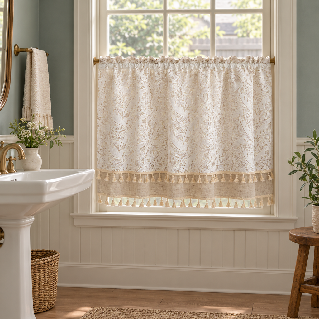 French Country Embroidered Lace Cafe Curtain - styled product view