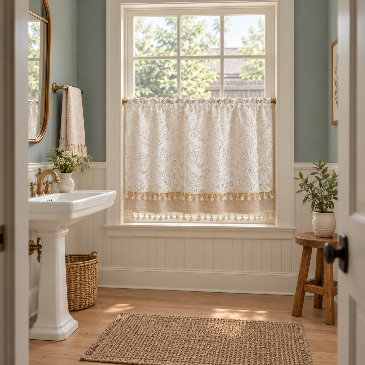 French Country Embroidered Lace Cafe Curtain - room setting