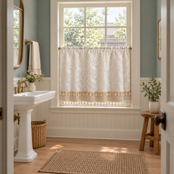 French Country Embroidered Lace Cafe Curtain - room setting