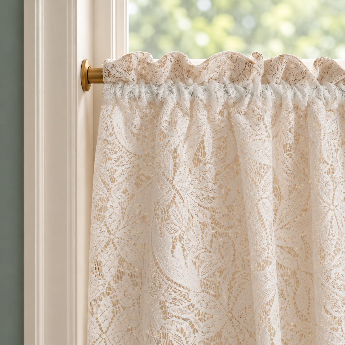 French Country Embroidered Lace Cafe Curtain - header detail