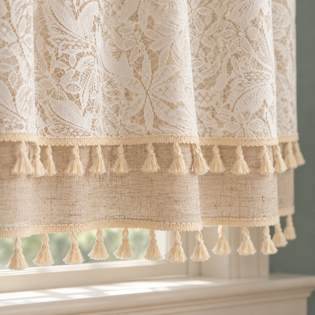 French Country Embroidered Lace Cafe Curtain - hem detail