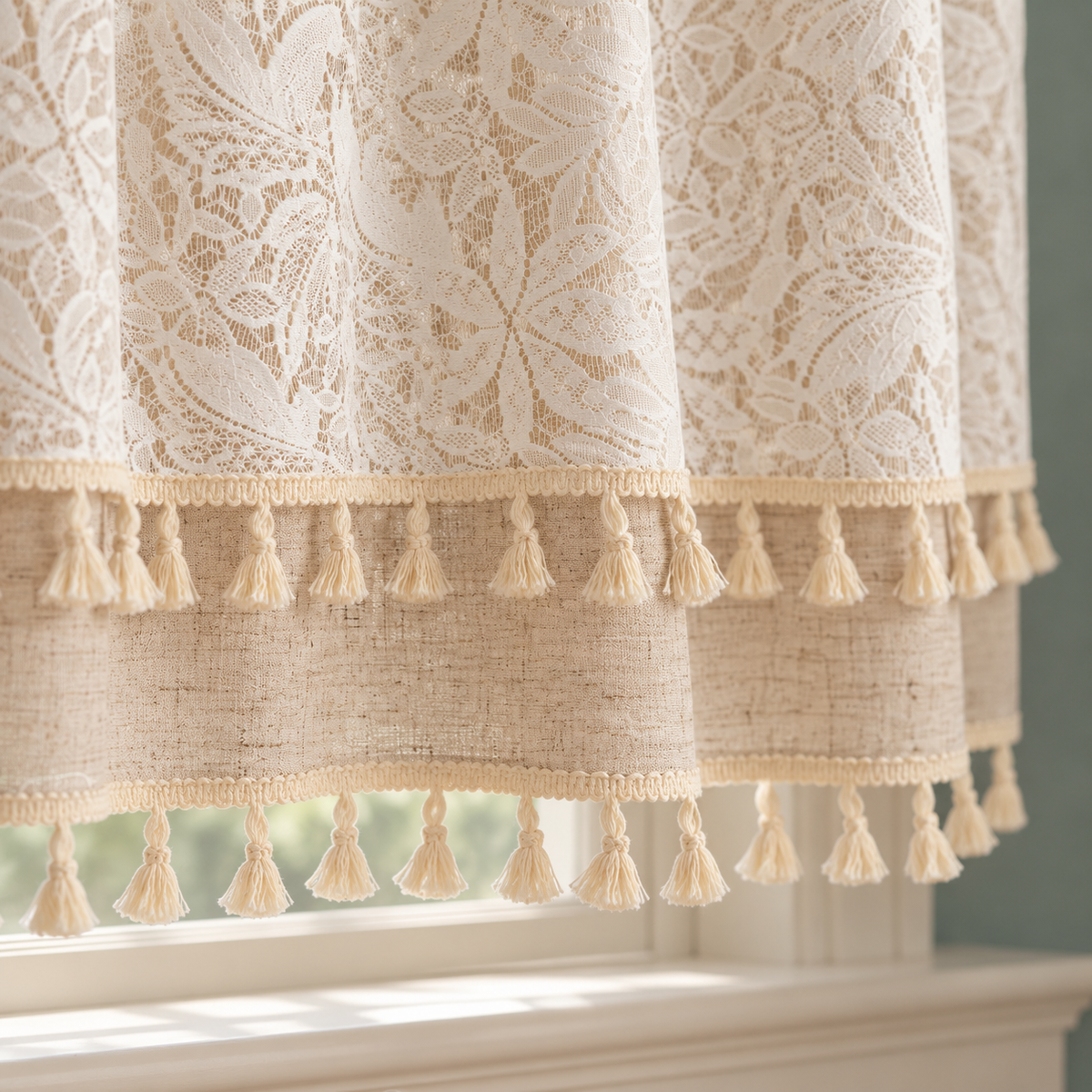 French Country Embroidered Lace Cafe Curtain - hem detail