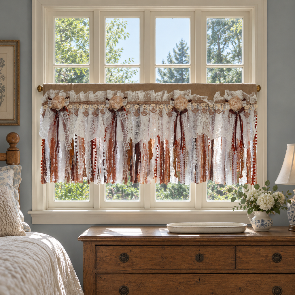 Burlap and Lace Rod-Pocket Valance - styled product view