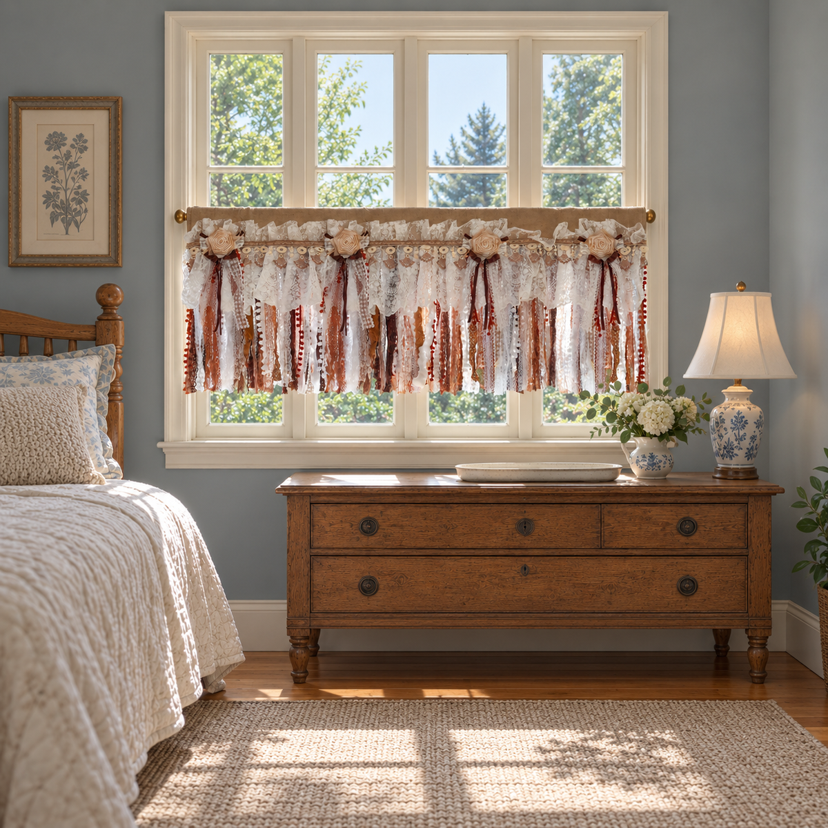 Burlap and Lace Rod-Pocket Valance - room setting