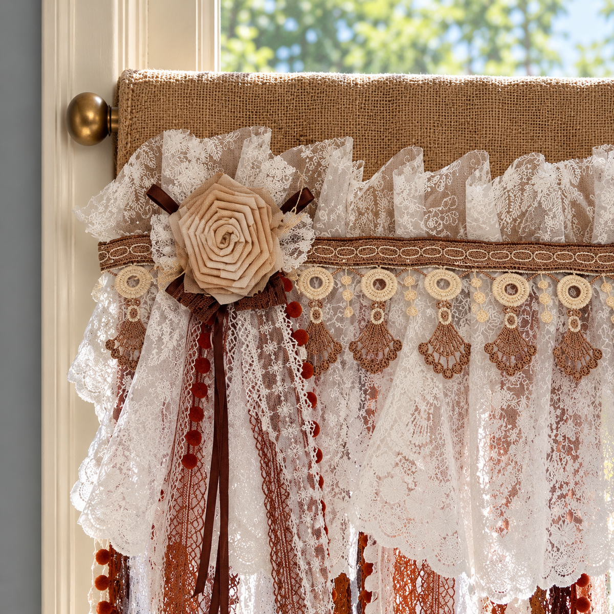 Burlap and Lace Rod-Pocket Valance - header detail