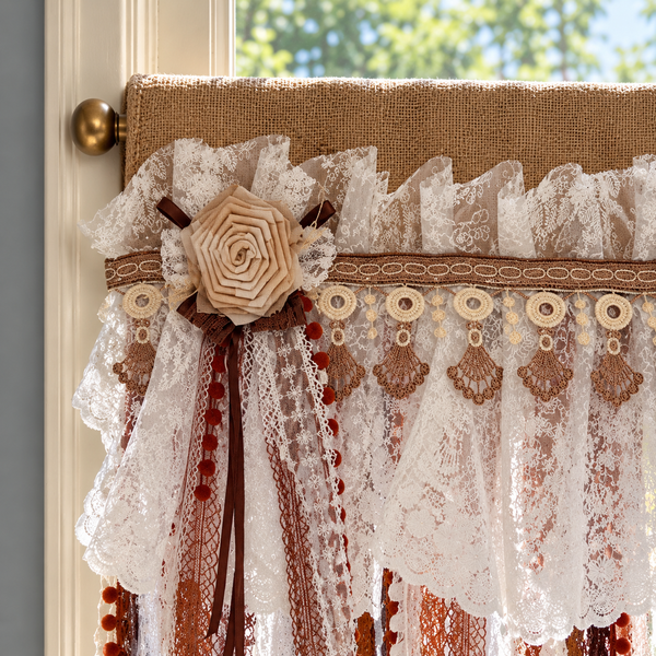 Burlap and Lace Rod-Pocket Valance - header detail