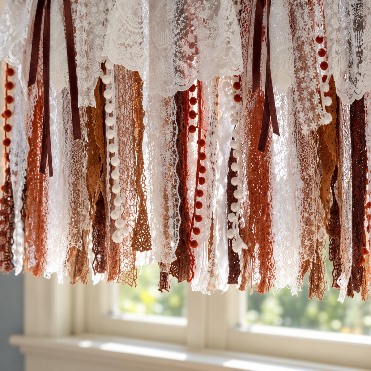 Burlap and Lace Rod-Pocket Valance - hem detail